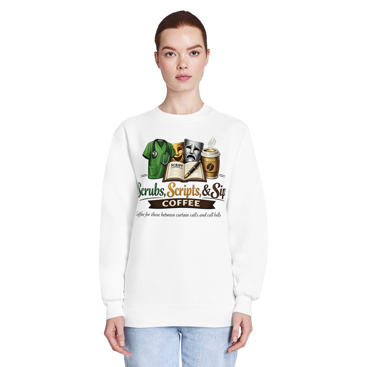 Unisex Premium Crew Neck Sweatshirt featuring Scrubs, Scripts & Sip Coffee graphic design.